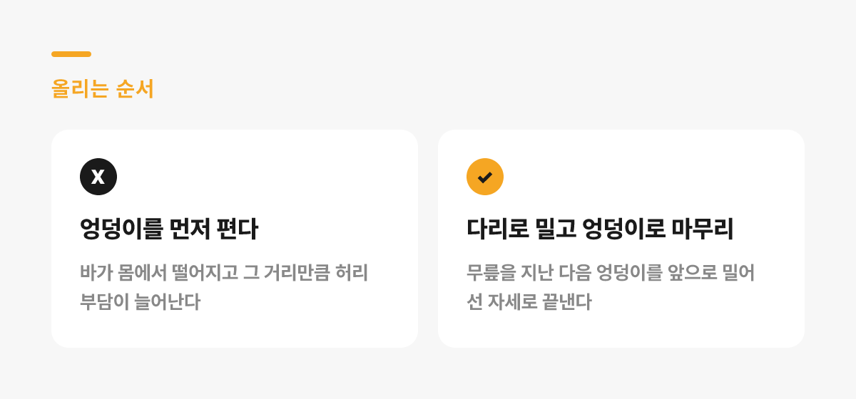 올리는 순서 비교 — 엉덩이를 먼저 펴는 경우와 다리로 밀고 엉덩이로 마무리하는 경우