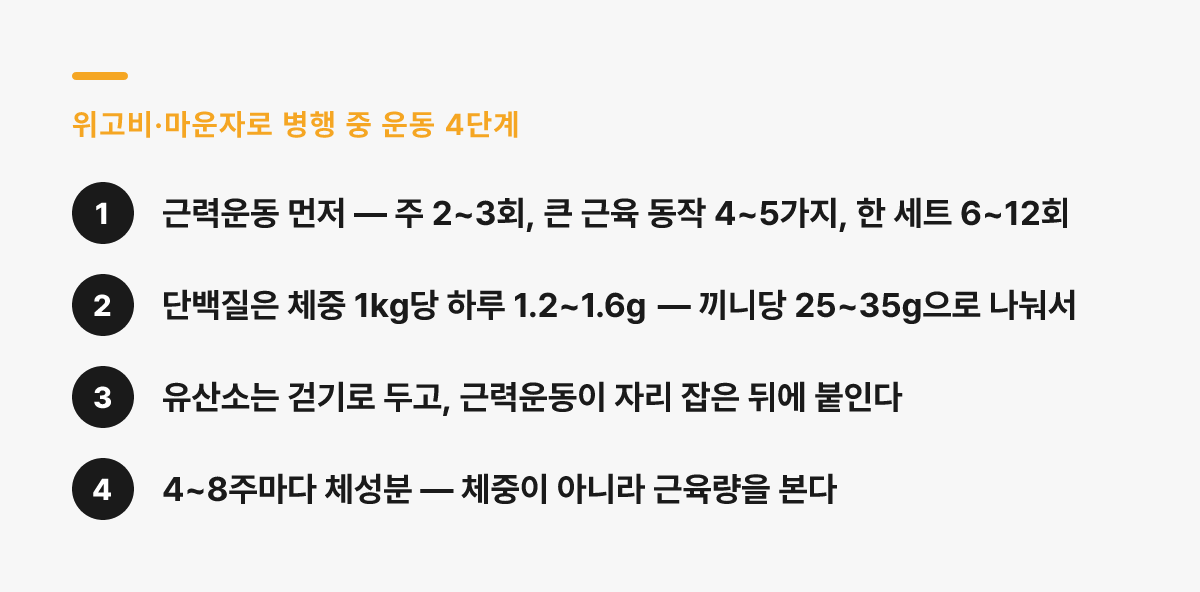 위고비·마운자로 병행 중 근육을 지키는 운동 4단계 — 근력 먼저, 단백질, 유산소는 뒤에, 체성분으로 확인